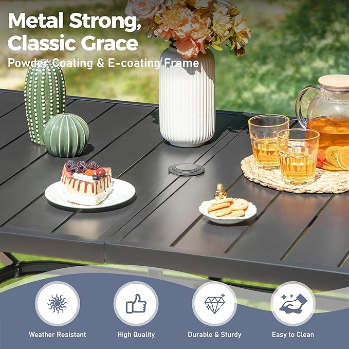 7 PCS Patio Dining Set for 6, Rectangular Metal Dining Table with Umbrella Hole and 6 Chairs, Outdoor Table and Chairs Set for Lawn Garden Backyard and Deck, Blue