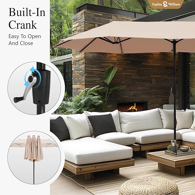 Sophia & William Patio Set with Umbrella Patio Dining Set for 6 with 13ft Rectangle Patio Umbrella Beige, 6 x Patio Chairs Blue, 1 Wood Like Outdoor Dining Table with Umbrella Hole for Lawn Garden