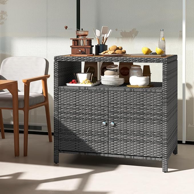 RELAX4LIFE Wicker Outdoor Bar Cabinet - PE Rattan Patio Bar Table w/Acacia Wood Countertop, Open Shelf & 2 Doors, Buffet Sideboard Organizer for Garden Backyard Pool, Outside Storage Cabinet (Grey)