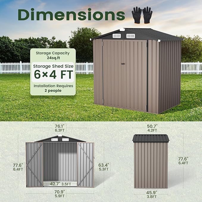 GVDV 6x4 FT Outdoor Metal Storage Shed with Floor, Durable Garden Shed with Updated Frame Structure for Backyard, Patio, Tool Storage, All-Weather Shelter for Bike, Gardening Tools, Equipment, Pet