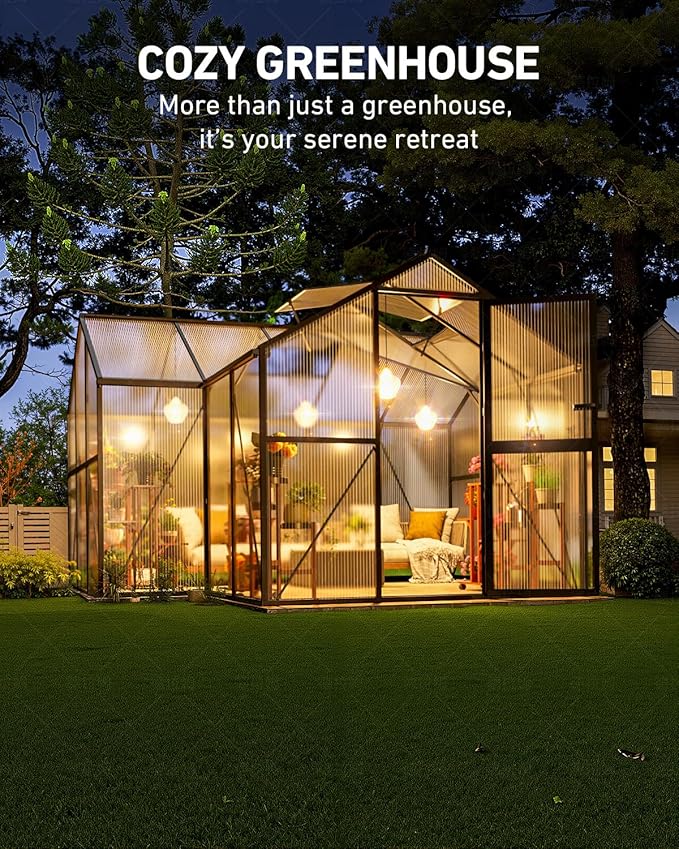 T-Shape Greenhouses, Polycarbonate Green House with UV Protection, Heavy Duty Greenhouse with Windproof Aluminum Frame, Roof Vent & Quick-Install Design for Backyard or Garden Use