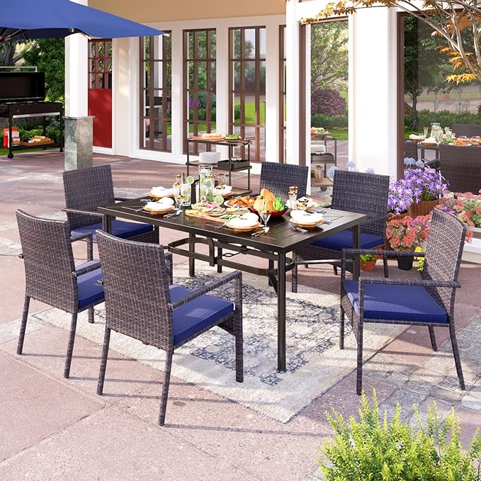 PHI VILLA 7 Piece Outdoor Dining Set for 6, 64" Wrought Iron Dining Table with Umbrella Hole & Cushioned Rattan Chairs for Patio, Yard, Porch, Deck