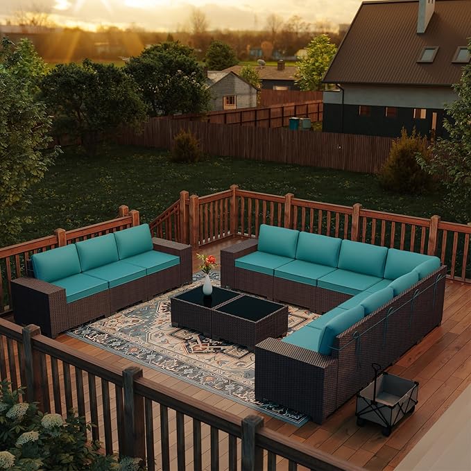Outdoor Patio Furniture Set, 12 Pieces Outdoor Furniture All Weather Patio Sectional Sofa PE Wicker Modular Conversation Sets with Coffee Table,10 Chairs & Seat Clips Turquoise Blue.