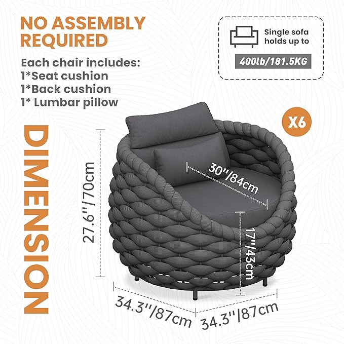 6 Pcs Patio Rope Accent Chair: Aluminum Single Lounge Armchair - Large Woven Chair Cushioned - Modern Arm Chair Assembled for 400lbs Outdoor Lanai Deck Balcony Porch Yard Garden Hotel, Dark Gray