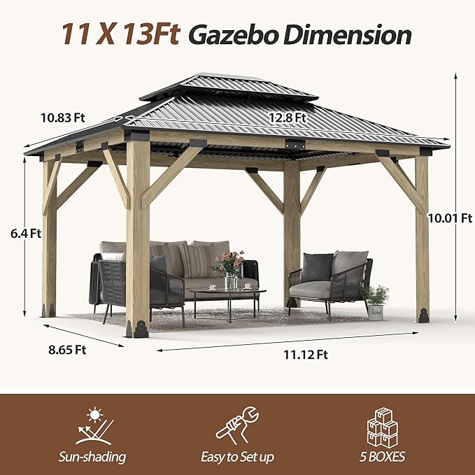 11'x13' Wood Gazebo,Outdoor Hardtop Gazebo with Galvanized Steel Doule Roof, Wooden Frame Gazebos for Patio Backyard Deck