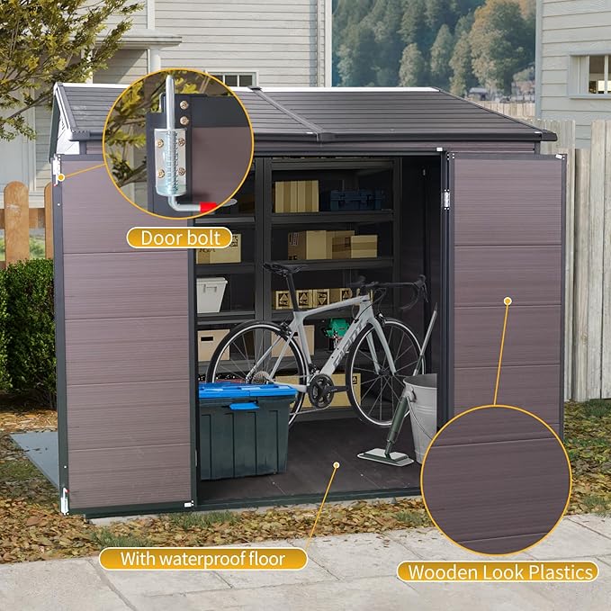 8x6 Ft Resin Outdoor Storage Shed with Floor, 2 Windows & Lockable Door – Weather -, Durable Shed for Backyard, Patio & Tools (Brown) (1 Doors)