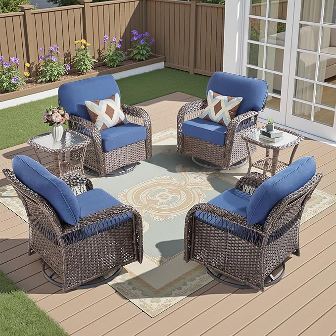 Patio Furniture Sets, 6 Pieces Wicker Outdoor Furniture with Patio Sidetables - 360 Degree Swivel Rocking Chairs and Rattan Side Table for Garden, Porch, Backyard, Blue/Brown Wicker