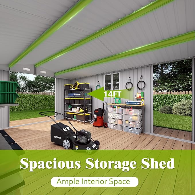10x14 FT Large Outdoor Storage Shed,Durable Metal Garden Shed with Three Lockable Doors and Two Windows,Waterproof Tool Shed for Backyard Patio,All-Weather Shelter for Bike,Lawn Mowers,Grey