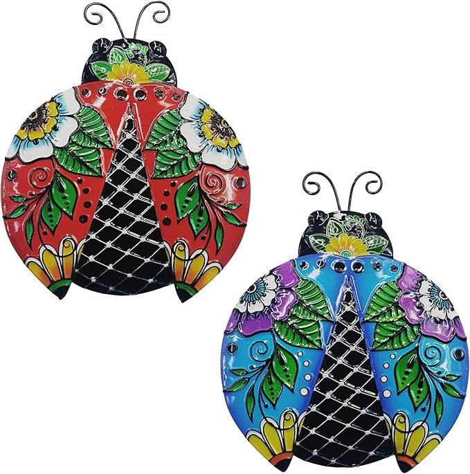 John's Studio 2Pcs Metal Ladybug Wall Decor Outdoor Garden Hanging Art Sculptures Home Ocean Theme Decorations for Kitchen Bathroom and Pool