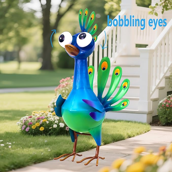 Metal Peacock Statue Garden Decor Cartoon Peacock with Bobbling Eyes Yard Art Lawn Patio Decoration Outdoor Sculpture for Housewarming Birthday Wedding