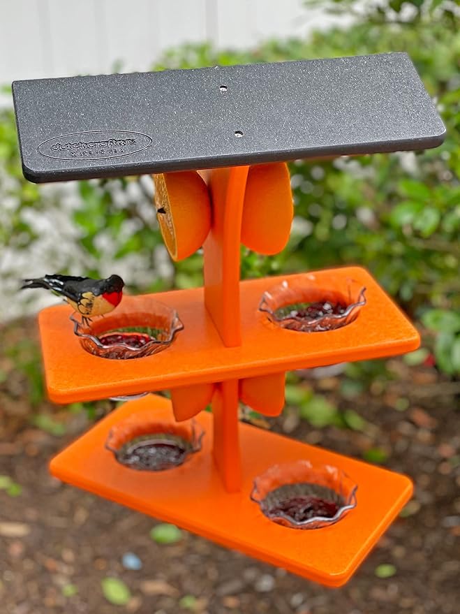 DutchCrafters Plastic Poly Double Platform Hanging Oriole Bird Feeder with Fruit Slice Holders & Nectar Cups, Jelly Bird Feeders for Outside - Amish Made in USA (Double, Black & Bright Orange)