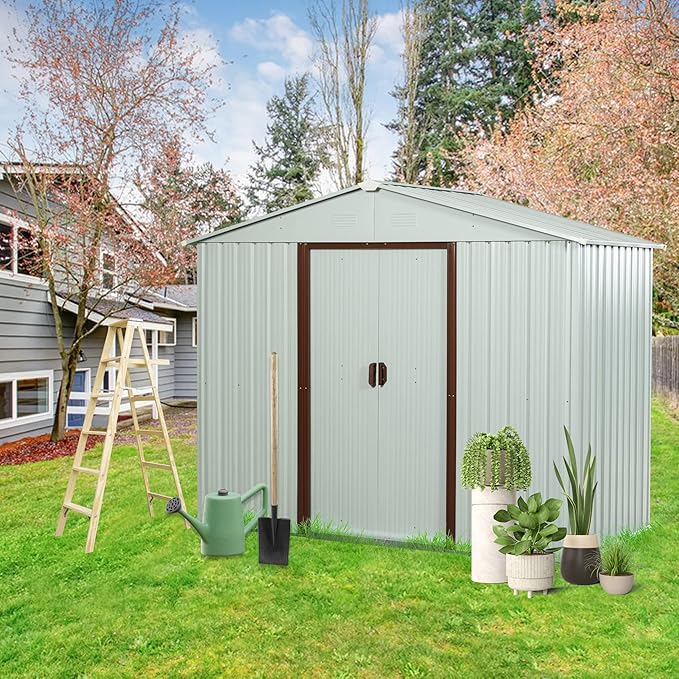 8x4 FT Outdoor Storage Shed,Metal Tool Cabinet with Foundation and Vents,Sliding Doors & Padlock,Waterproof Oversized Shelter for Shovels,Umbrellas,White