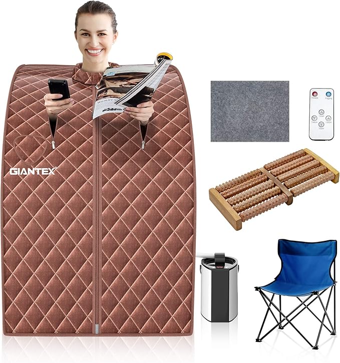 Giantex Portable Steam Sauna, Personal Therapeutic Sauna for Detox, Temperature & Timer Adjustable, 800W Sauna Box Spa w/Chair, 3L Steamer,Massage Roller,Mat,Remote Control, Home Sauna Tent (Coffee)
