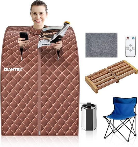 Giantex Portable Steam Sauna, Personal Therapeutic Sauna for Detox, Temperature & Timer Adjustable, 800W Sauna Box Spa w/Chair, 3L Steamer,Massage Roller,Mat,Remote Control, Home Sauna Tent (Coffee)