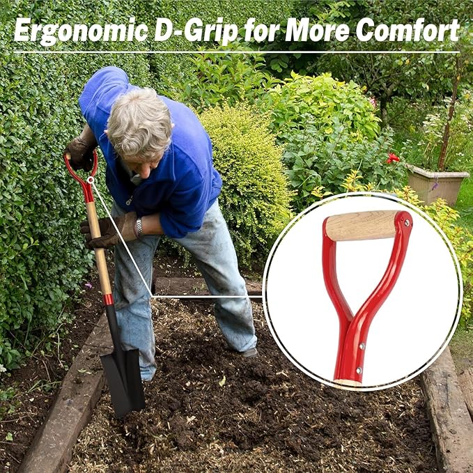 Drain Spade Shovel, Garden Drain Spade, Trenching Shovel, Woode D-Handle, Steel Y-Grip, 45 Inch Spade for Digging Transplanting & Edging (Red)