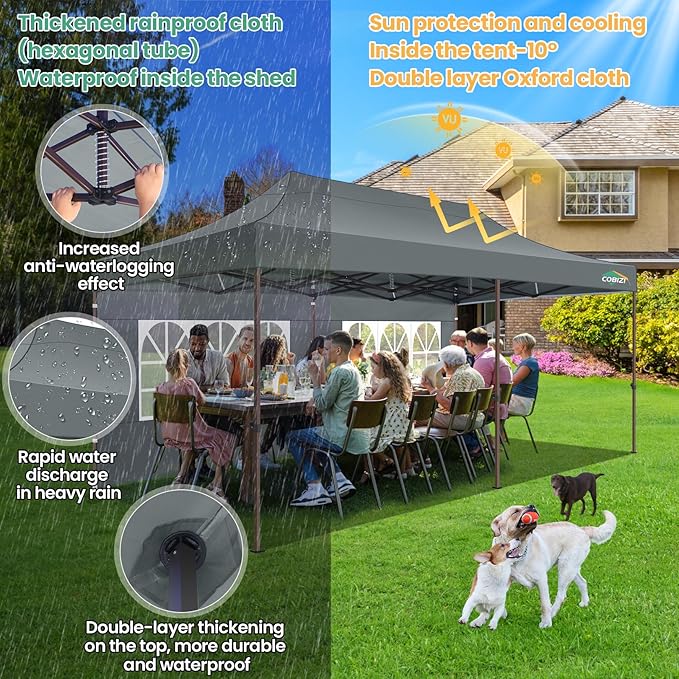 COBIZI 10x20 Pop Up Heavy Duty Canopy with 6 Sidewalls and Hexagonal Legs, Easy up Tent for Parties, Commercial and Wedding, Outdoor Canopy with Roller Bag, Sand Bags, Waterproof & UPF50+ (Gray)