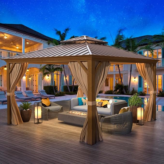 MELLCOM 12'x12' Hardtop Gazebo, Wooden Finish Coated Aluminum Frame Canopy with Galvanized Steel Roof, Outdoor Metal Gazebos with Curtains and Nettings for Patio, Backyard, Deck and Lawns