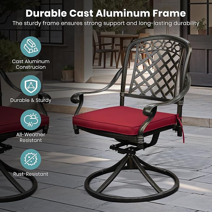 Set of 4 Cast Aluminum Patio Chairs with Cushions, All-Weather Aluminum Outdoor Swivel Chairs, Metal Outdoor Rocking Chairs for Backyard, Poolside and Bistro (Red, 4 Pieces)