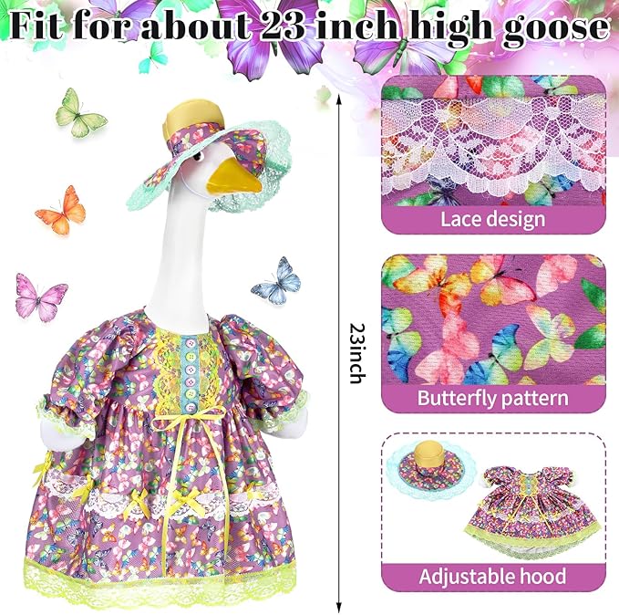 Suzile Porch Goose Outfit Pastel Butterfly Clothes for 23" High Cement or Plastic Goose Costume Dresses for Yard Lawn Outdoor Garden Patio Statue Holiday Spring Decor