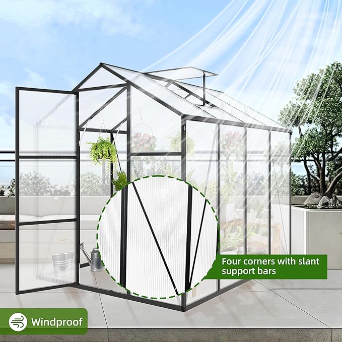 6x8 FT All Weather Greenhouses for Outdoor,Heavy Duty Polycarbonate Greenhouse, Walk-in Garden Green House with Raised Base and Ventilation Window for Outside, Backyard,Black