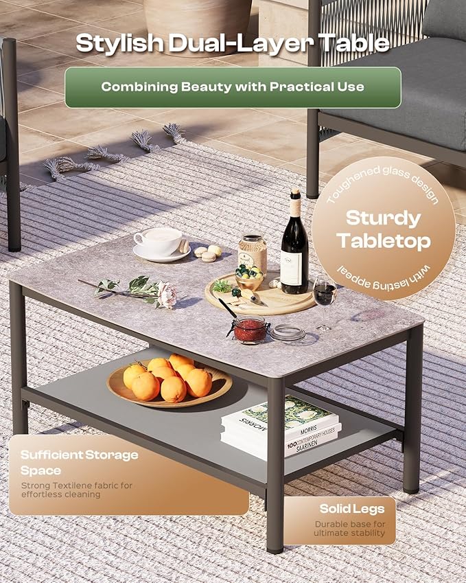 Aluminum Outdoor Patio Furniture Set, HDPE Rope 5 Piece Modern Sectional Conversation Sets with Dual-Layer Coffee Table, All Weather Patio Couch Sofa with Thick Cushions, Gray Frame, Charcoal