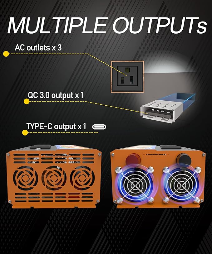 3000w Power Inverter, 12v DC to 120v AC Inverter with LCD Display, 3 Ac Sockets and USB-C & Qc 3.0 Port for Camping Emergency Vehicles Truck Rv Solar System