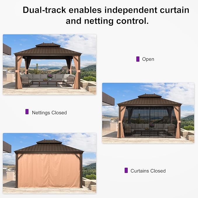 PURPLE LEAF 11' X 13' Outdoor Hardtop Gazebo Patio Wide Aluminum Frame Metal Double Roof with Heavy Duty Netting and Curtains for Permanent Hard Top Pavilion Screen, Khaki