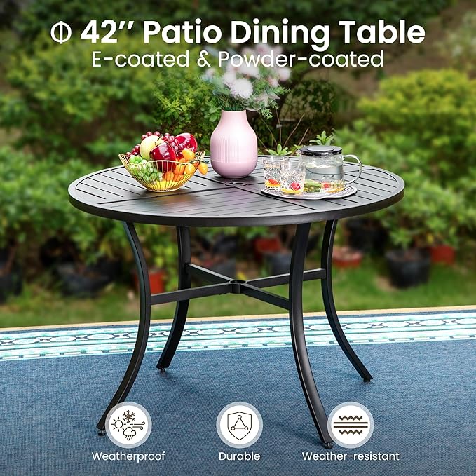 PHI VILLA 5 Piece Outdoor Dining Table Set for 4, 42” Round Steel Dining Table with Umbrella Hole & 4 Metal-Frame Wicker Chairs for Patio, Deck, Yard, Porch