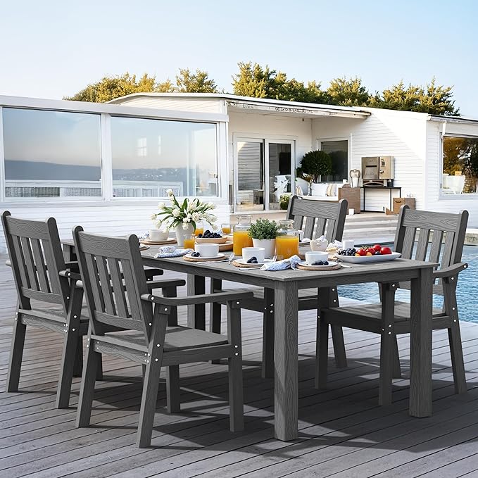 YEFU HIPS Patio Table Set: 5 Piece Outdoor Table and Chairs Dining Furniture Set with Umbrella Hole - Gray Modern Plastic Dining Sets 4 Person for Outside Deck with Metal Aluminum Frame