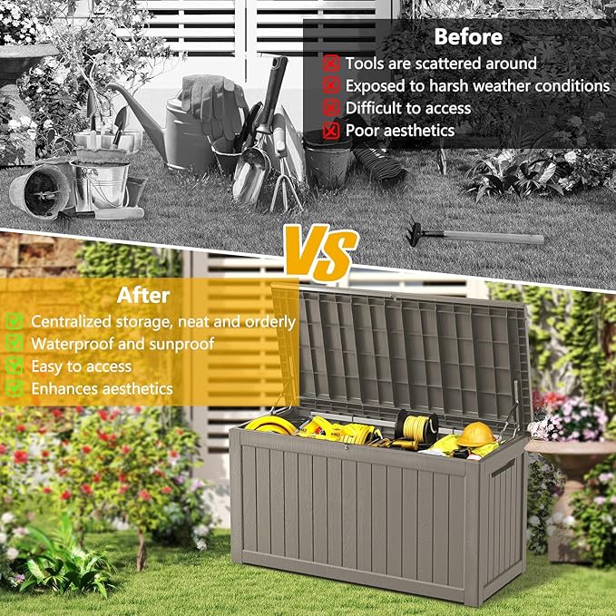 270 Gallon Deck Box, Resin Outdoor Indoor Waterproof Storage Box, Lockable Storage Box With Handle for Patio Furniture - Garden Tools - Swimming Pool Tools UV-Resistant, Grey