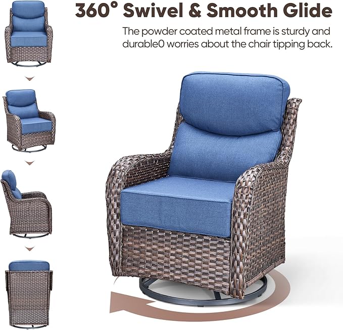 Swivel Patio Chairs sofa Set of 5 with 6" Thick Cushion - Wicker Outdoor Swivel Rocker Patio Chair ,Sofa/Glass coffee table, High Back Comfortable Outdoor Glider Chairs - Brown Wicker | Blue Cushions
