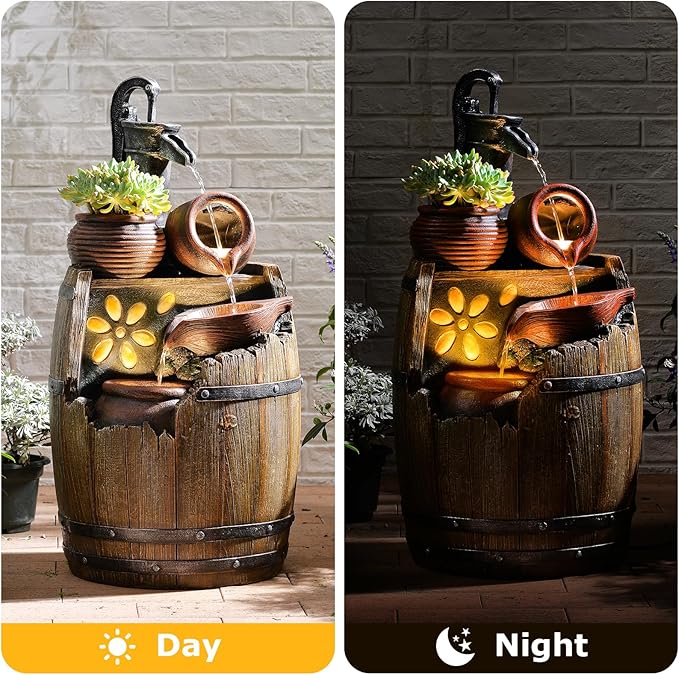 Water Fountain Outdoor Rustic Barrel,4 Tiered Wood Barrel Cascading Water Fall Fountains Outside Feature with LED Lights for Garden, Patio, Porch, Backyard Decor 14.6" L x 14.6" W x 29" H