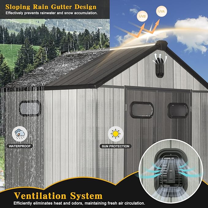 Domi 8x8FT Resin Outdoor Storage Shed with Lockable Door, Waterproof Outside Sheds with Windows & Vents, Heavy-Duty Plastic Tool Storage Shed for Patio Furniture, Lawn Mower, Bike