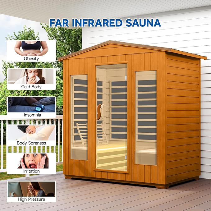 Outdoor Sauna 4 Person, Far Infrared Sauna for Home Low EMF, Wooden Spa Dry Saunas Room with Infrared Lighting and Integrated Speakers, 7 Colors Chromotherapy for Indoor and Gym