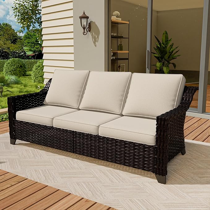 Vista Vibe 78" Patio Wicker 3-seat Sofa, Deep Seat & Upholstered Loveseat, Outdoor All-Weather Rattan Couch with Removable Cushions, Steel Frame Couch for Garden, Poolside (Brown/Beige)