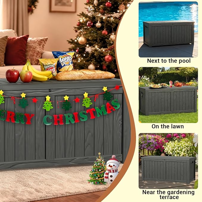 120 Gallon Resin Deck Box Outdoor with Hydraulic Rods, Waterproof Storage Box with Handles and Lockable for Store Garden Tools Backyard, Multi-Functional Seat & Table, Black