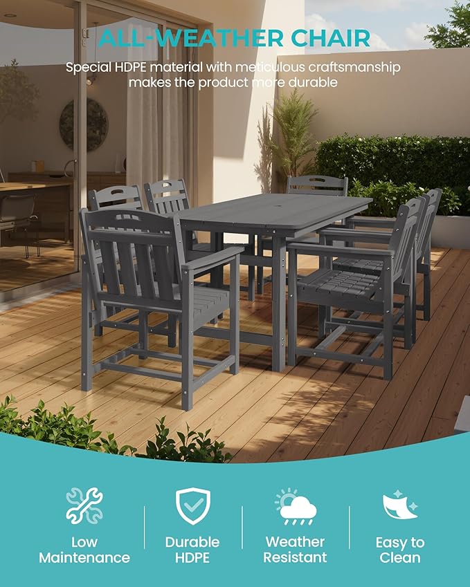 HDPE Outdoor Patio Dining Set with Table & 6 Chairs, All-Weather 7-Piece Outdoor Table and Chairs, 2" Umbrella Hole, Patio Furniture for Garden, Backyard, Deck | Grey