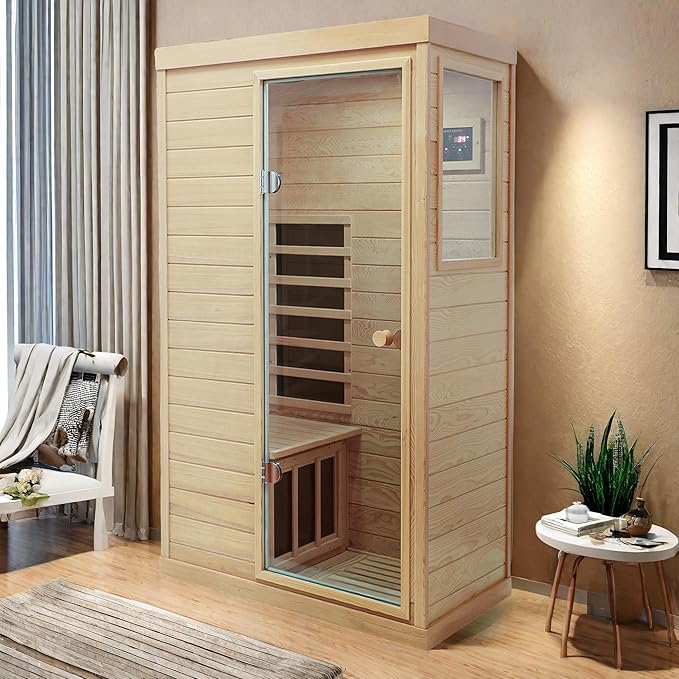 Infrared Sauna Single Hemlock Mini Far Infrared Sauna Box for Home on The Right with LCD Display, Bluetooth Audio, Natural