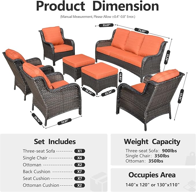 HOOOWOOO Patio Furniture Set,7 Piece Outdoor Furniture,Wicker Patio Conversation Couch Chairs Ottoman Set,Orange Red