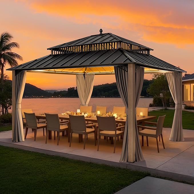SUNJOY Kingston 14' x 12' Hardtop Gazebo with Galvanized Steel Double Roof, Curtain and Netting, Woodgrain Finish Aluminum Posts Permanent Pavilion Gazebo for Garden, Patio, Deck, Lawn