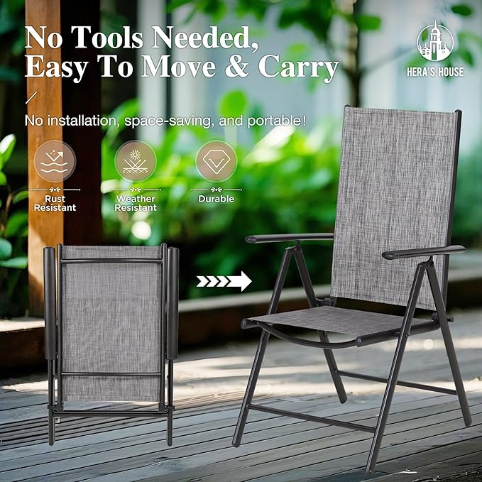 HERA'S HOUSE 7-Piece Outdoor Dining Set for 6, 60" Weather-Resistant Metal Patio Table with 6 Foldable Grey Chairs, Perfect for Garden, Backyard, Porch & Lawn (Space-Saving Design)