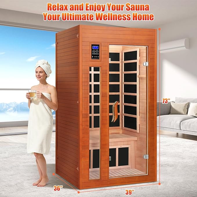 1-2 Person Infrared Sauna, Dry Heat Sauna with Red Light Therapy, Bluetooth, Radio, 7-Color Therapy Light for Home, Indoor, Gym, Wellness Center, 36″ x 36″ x 73″