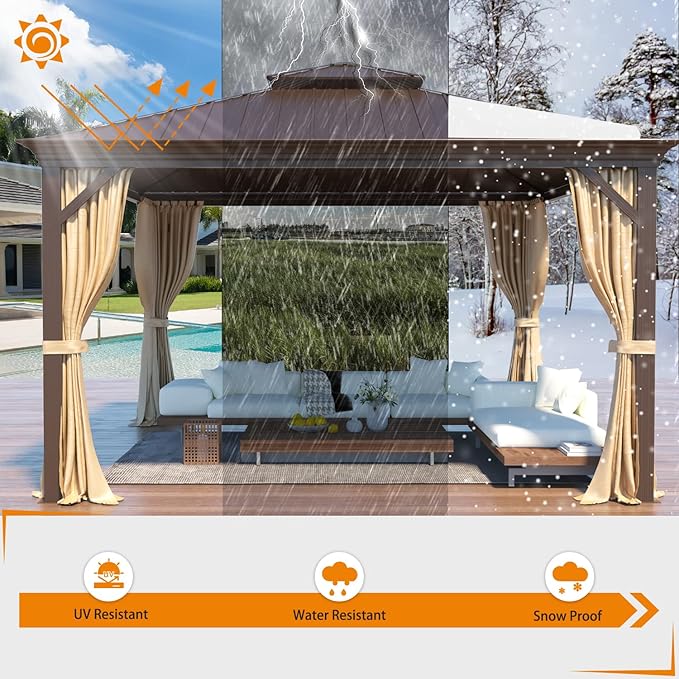 EROMMY 12' x 12' Gazebo Hardtop Double Roof Galvanized Steel Gazebos with Netting and Curtains Outdoor Aluminum Frame Permanent Metal Pavilion for Patio Backyard Deck and Lawns
