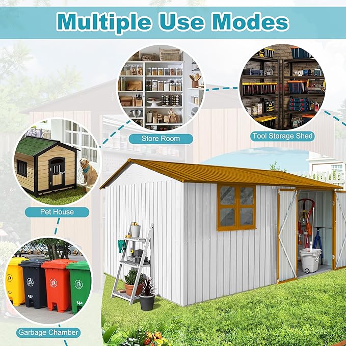 12 ft × 10 ft Sheds & Outdoor Storage Shed Large Classic Apex Roof Metal Garden Storage Sheds with Hinged Door, Window Tool Cabinet for Backyard, Patio, Poolside, Golden Yellow + White