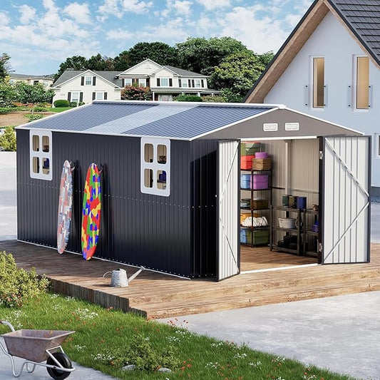 10x16 FT Metal Outdoor Shed with Floor, Large Waterproof Garden Sheds with Dual Transparent Panels,Skyview Windows Air Vent Reinforced Frame Tool Shed for Backyard, Garden, Patio,Dark Grey