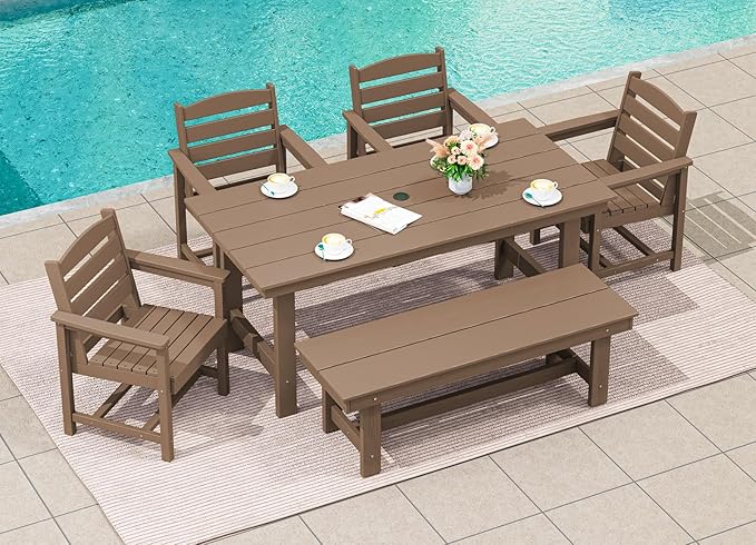 SERWALL Outdoor Dining Set for 6, HDPE Furniture with Umbrella Hole & Bench & Chairs, All Weather, Brown