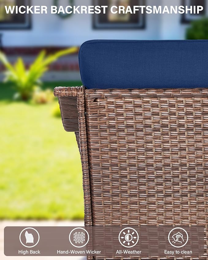 Belord 7 Piece Patio Furniture Set - High Back Swivel Rocker Glider Outdoor Chairs with 3-Seat Sofa and Ottoman, All-Weather Removable 6" Blue Cushion for Patio Conversation and Family Reunion