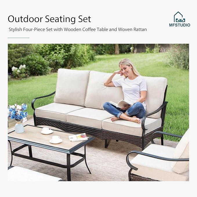 MFSTUDIO 7 PCS Outdoor Patio Furniture Set, Metal Outdoor Conversation Set, Rattan Wicker Patio Sectional with 2 x Rocking Single Sofa, 2 and 3-Seat Sofa, 2 x Ottoman, 1 x Coffee Table, Beige