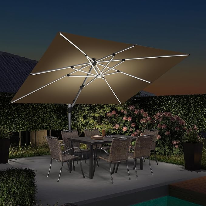 PURPLE LEAF 9' X 12' Solar Powered LED Rectangle Cantilever Umbrella With Base Patio Umbrellas Windproof Hanging Umbrella Outdoor Umbrellas Offset Umbrellas, Beige