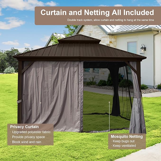 Domi Hardtop Gazebo 8x8FT, Aluminum Outdoor Gazebo with Galvanized Steel Double Roof Canopy, Curtains and Netting Included, Metal Gazebo Permanent Pavilion for Patio, Lawn, Garden, Brown